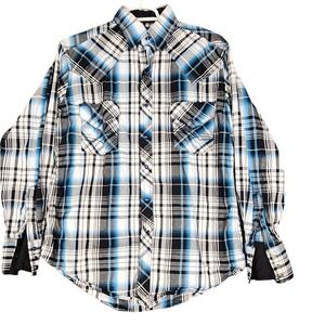ELY 1878 Mens Plaid Western Shirt Long Sleeve‎ Blue Black White Cowboy Medium